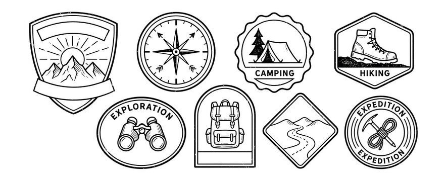 Vintage Adventure Travel Badge and Expedition Emblem Set