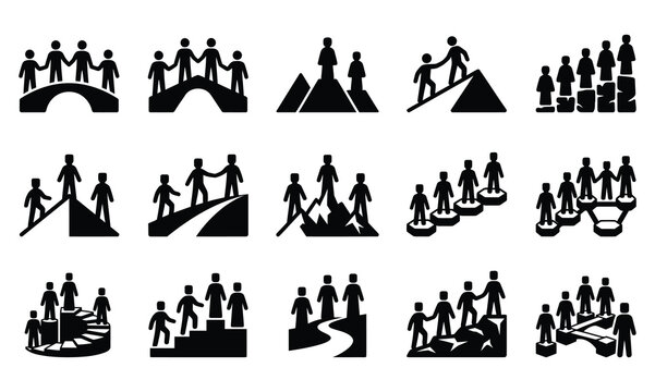 Diverse groups of people walking together on different terrains and pathways