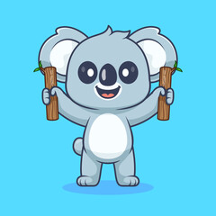 Fototapeta premium Cute Koala Holding Stick Branch Wood Cartoon