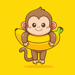 Fototapeta premium Cute Monkey Hanging On Banana Fruit Cartoon