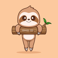 Fototapeta premium Cute Sloth Hanging On Wood Tree Cartoon