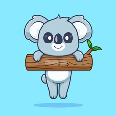 Fototapeta premium Cute Koala Hanging On Wood Tree Cartoon