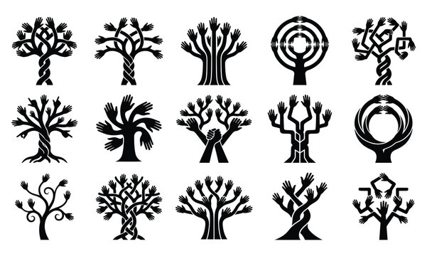 Collection of hand drawn stylized trees and botanical elements in black and white