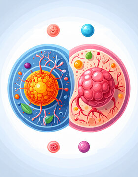 Healthy cell and cancer cell shown side by side in scientific microscopic comparison generative AI