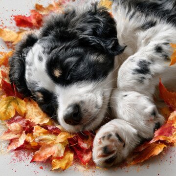 Cute Puppy Sleeps Among Autumn Leaves