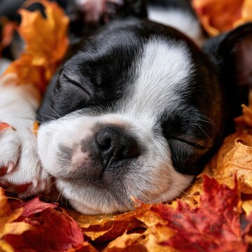 Cute Boston Terrier Dog Napping in Autumn Leaves