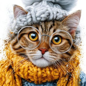 Stylish Tabby Cat in Cozy Attire With Glasses