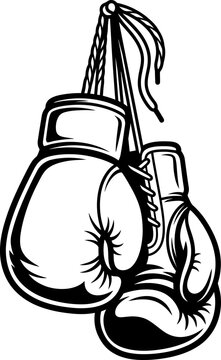 Hanging boxing gloves line art illustration in black and white sketch style for sports club fight gym emblem logo sticker.