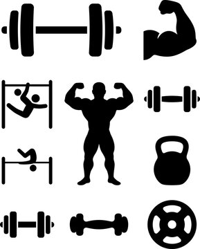 Black fitness and bodybuilding icon set with weights and athlete silhouettes for gym logos and workout planning templates.