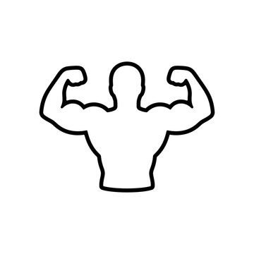 Black outline of strong muscular man flexing biceps for fitness branding and athletic club logo design on white background.