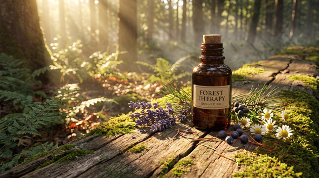 Amber glass essential oil bottle resting on natural tree bark log with pine needles