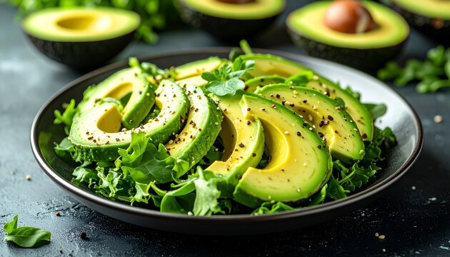 Freshly sliced avocado salad with lettuce, seasoned with pepper and herbs on a dark plate, ready to eat and served as a healthy meal