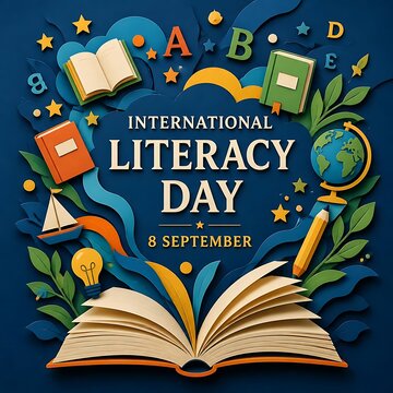 International Literacy Day 8 September poster, educational paper cut art with books and globe, creative learning concept illustration isolated on Transparent Background
