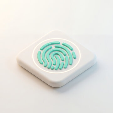 3D rendered green fingerprint icon on a white square base symbolizing biometric authentication and digital identity security