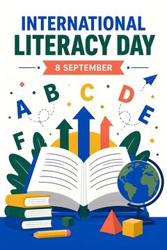 International Literacy Day poster with 8 September date. Educational concept with open book, alphabet letters, and globe. School learning illustration. isolated on Transparent Background