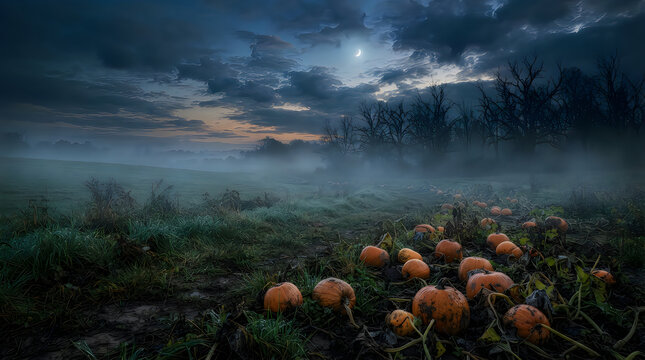 A spooky pumpkin patch in a misty field under a dark moody night sky with full moon