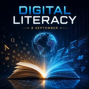 Digital Literacy concept for 8 September, glowing open book with global network and data icons, futuristic education technology isolated on Transparent Background