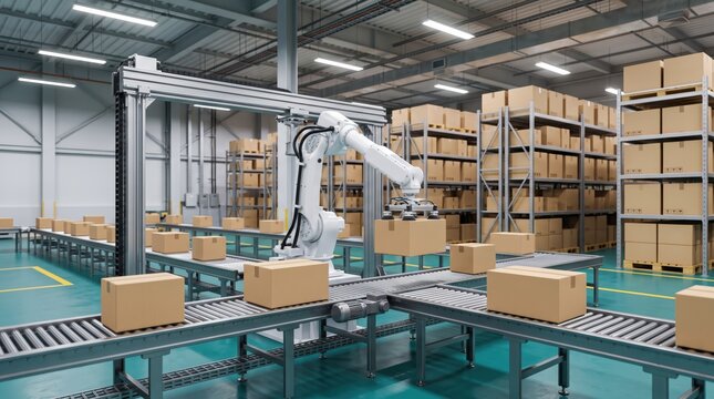 Automated warehouse robotic arm sorting cardboard boxes on conveyor belt system, modern industrial logistics center with high shelves, smart factory automation technology