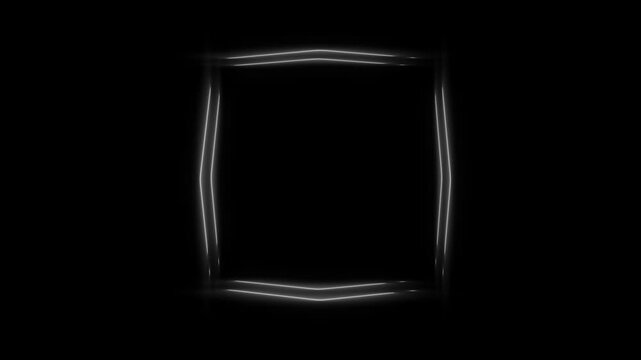 Abstract monochrome neon square frame loop background, glowing white portal tunnel motion