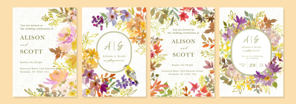 Elegant Watercolor Autumn Botanical Wedding Invitation Card Template Set with Abstract Hand-Painted Wildflowers, Leaves, and Gold Line Art. Vector File.