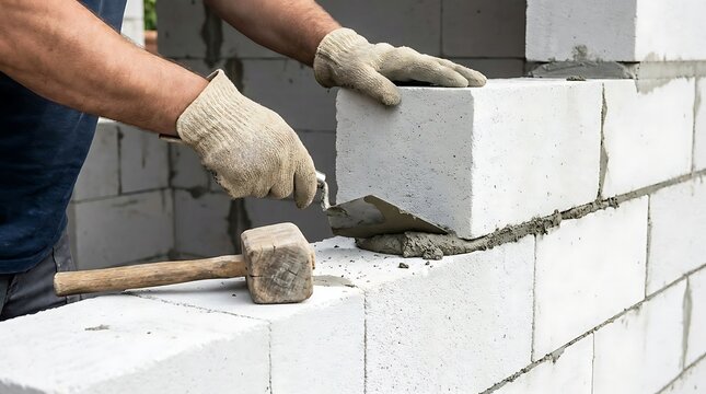 Professional construction worker laying aerated concrete blocks with a trowel and mallet on a building site