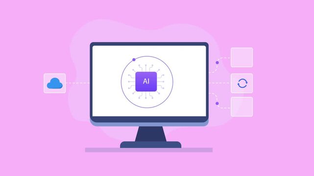 Modern flat vector animation showing a computer monitor with an artificial intelligence interface and connected cloud, folder, sync, and analytics icons, representing AI cloud computing, data manageme
