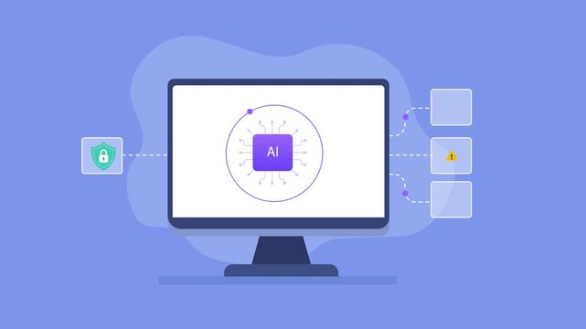 Modern flat vector animation showing a computer monitor with an artificial intelligence interface and connected security, warning, shield, and checklist icons, representing AI cybersecurity, threat de