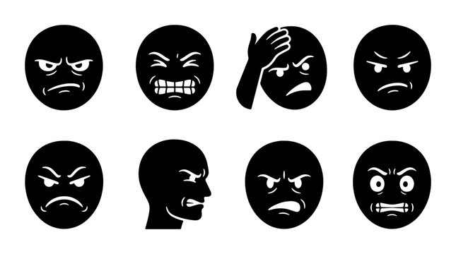 Set of 8 Black Angry Emoticons, Frustrated Faces, Aggressive Expressions, Vector Icons for Negative Emotions and Stress