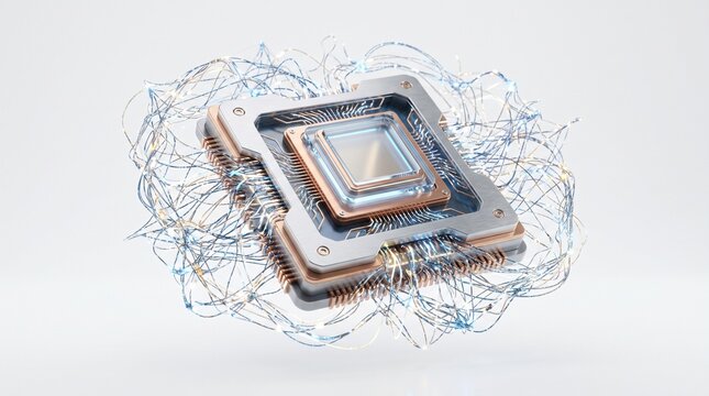 Computer processor chip surrounded by glowing fiber optic wires