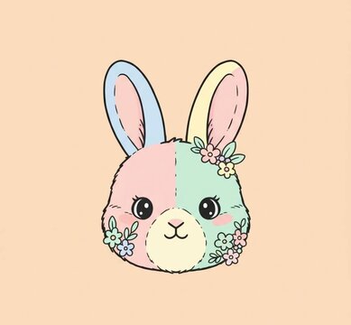 easter bunny vector illustration,Cute bunny face pastel rainbow color cartoon character with flowers illustration