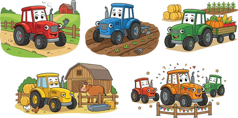 Naklejka premium Cute Cartoon Tractor Characters Vector Illustration Set Featuring Colorful Farm Vehicles Plowing Fields Carrying Harvest and Celebrating at the Barn