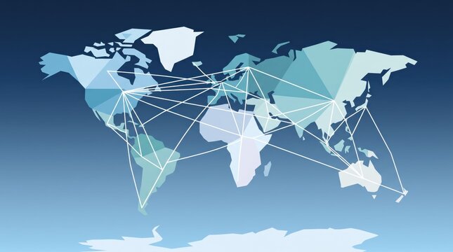 Global network connection illustrated by world map with interconnected lines and nodes, blue geometric low poly style, international communication and data transfer visualization