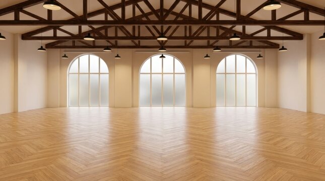 Spacious empty hall with large arched windows and wooden floor.