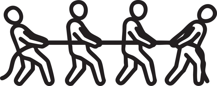 Stick figure people pulling a rope together in a tug of war game