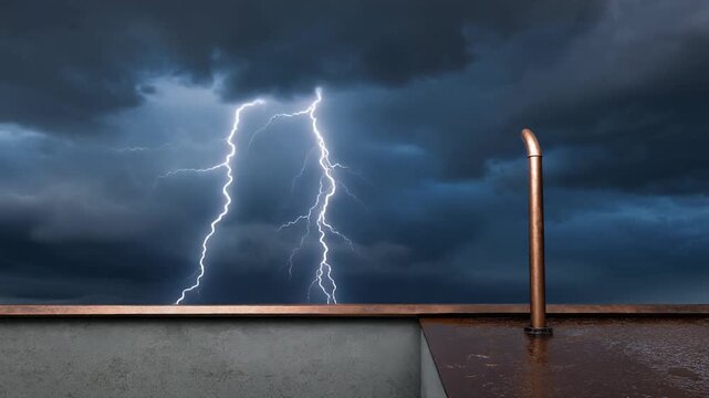 Dramatic Lightning Strikes Over a Rooftop During a Thunderstorm