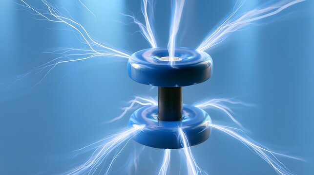 A stylized representation of an electric field with glowing blue arcs radiating from a central cylindrical structure against a gradient blue