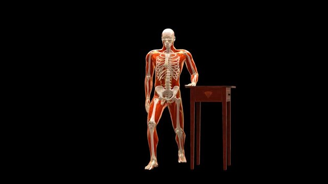 Medical 3D animation of supported forward lunge exercise featuring a 3D Anatomical Schematic Figure, captured in 180 Degree Turntable Rotating View, Isolated Transparent Alpha Channel