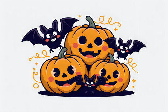 Smiling jack o lantern pumpkins with friendly bats for halloween illustration illustration