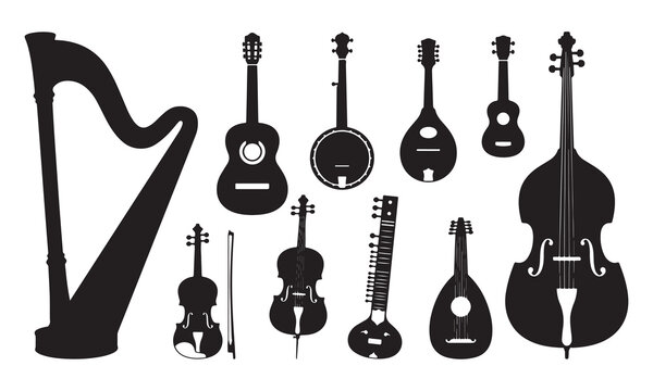 Collection of black silhouettes of string musical instruments including a harp, guitar, violin, banjo, mandolin, and cello isolated on a white background, for music themes