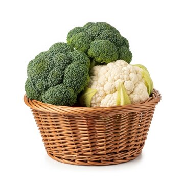 Green broccoli in woven basket isolated illustration