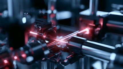 Fototapeta premium Red laser beams intersect within a complex scientific apparatus featuring metallic components and precise alignment