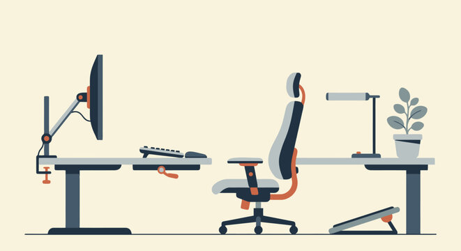 Minimalist flat vector illustration of an ergonomic office desk setup
