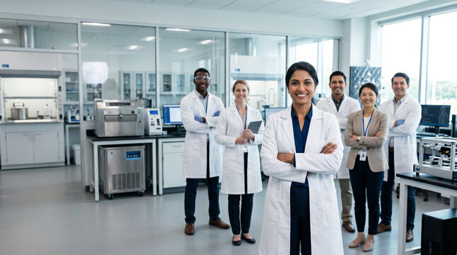 R&D director leads diverse research team in modern innovation laboratory, showcasing scientific research, engineering, product development, experimentation and collaborative innovation.
