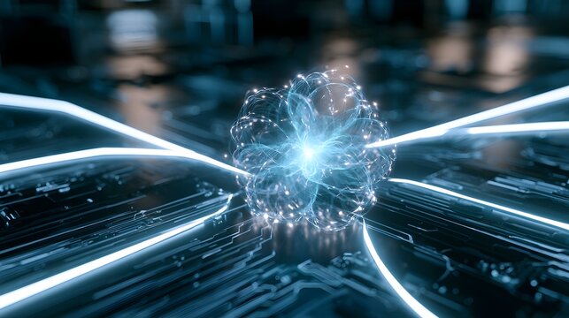 A glowing quantum particle model hovers above a complex circuit board with illuminated data pathways