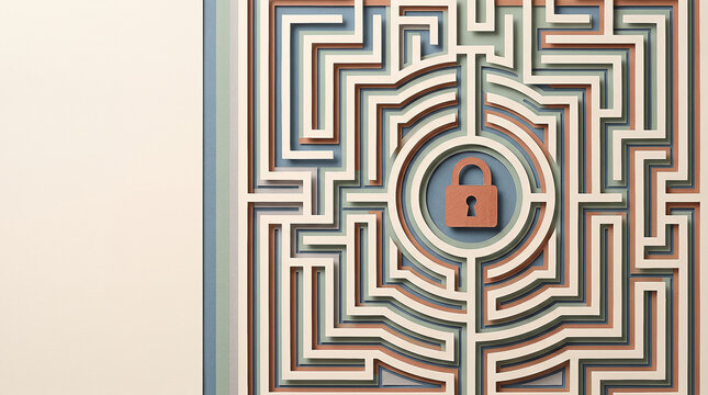 3D paper cut labyrinth with a padlock in the center symbolizing complex cybersecurity, impenetrable data defense, and problem solving