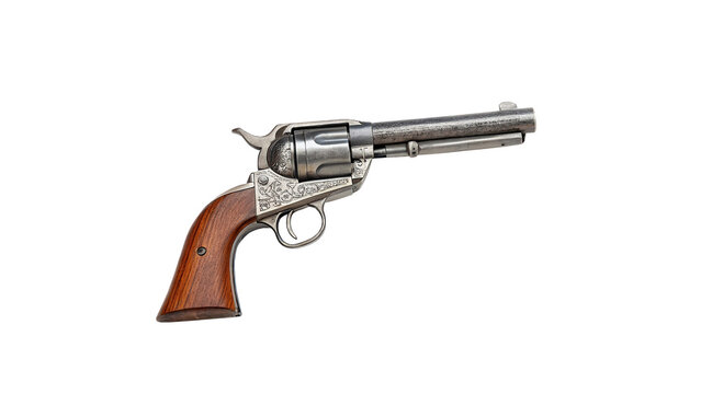Classic metallic cowboy revolver handgun pistol weapon object isolated on transparent background