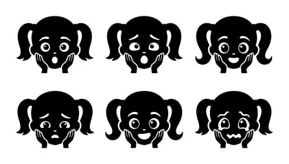 Fototapeta premium Diverse Emotions of a Young Girl's Face, Vector Icons Set: Joy, Surprise, Sadness, Fear, and Delight Expressions, Black and White Silhouette Collection for Graphic Design