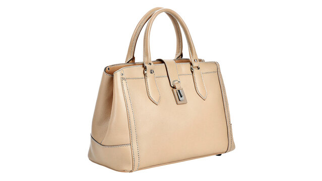 Elegant beige leather women luxury handbag with stylish handles isolated on transparent background