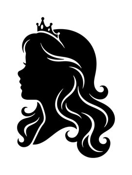 Elegant Princess Silhouette Vector, Royal Woman Profile Icon, Fairytale Queen Head Graphic, Black and White Regal Portrait for Design