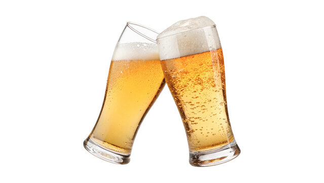 Two glasses of cold light lager beer making toast isolated on transparent background